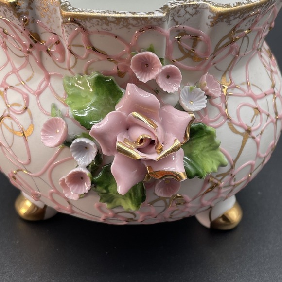 Vintage 3 Legged Lefton China Hand Painted Bowl/Planter Marked 50441 Gold Pink - Picture 2 of 9